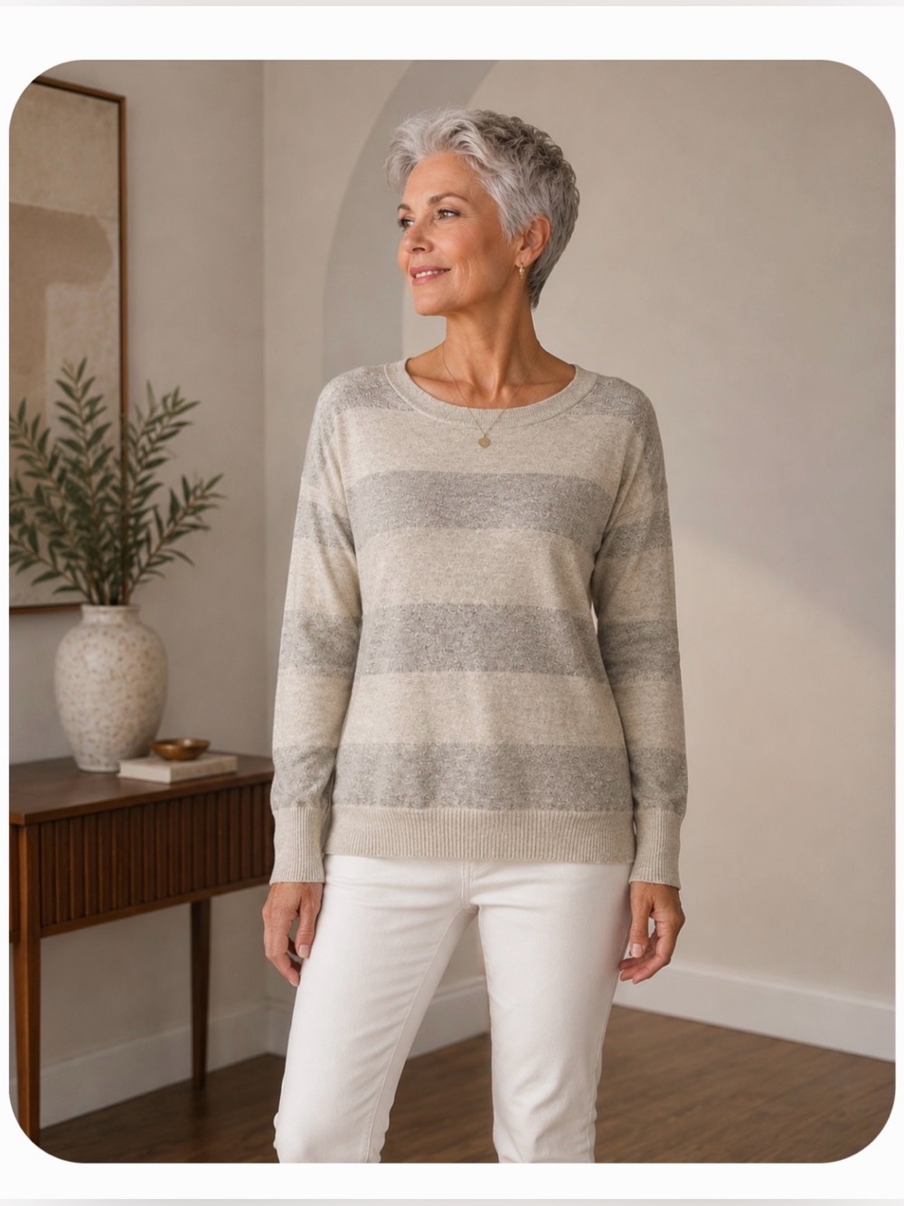 New York & Company Gray and Silver Metallic Stripe Pullover Sweater size Large